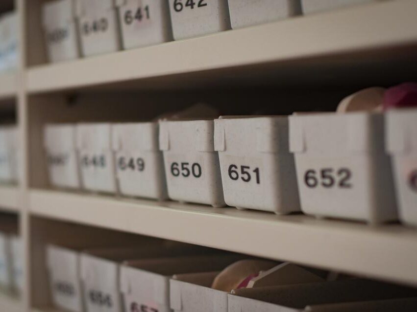 Numbered storage boxes lined up in order, organized and labeled